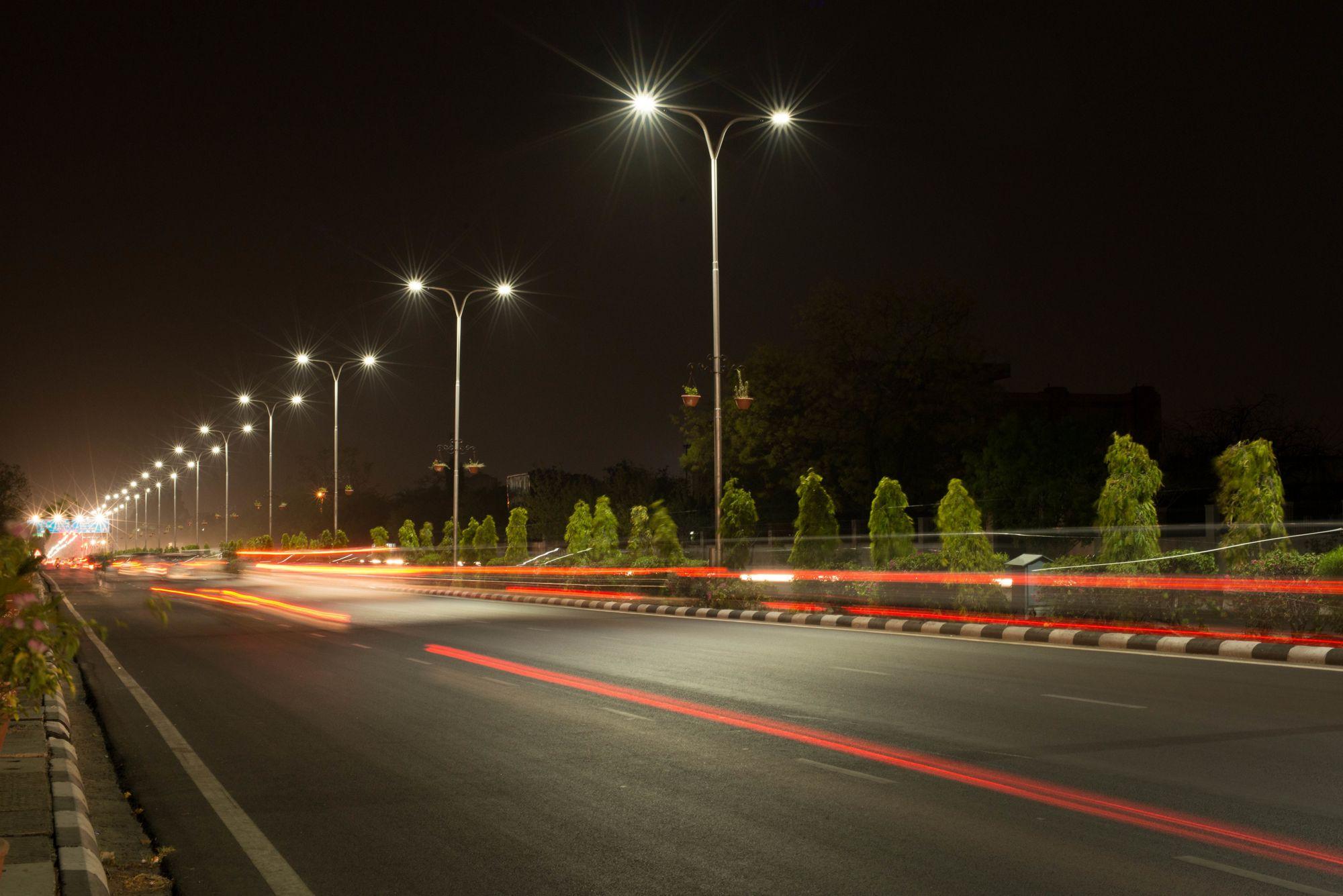Well-lit streets of Jaipur city at night, thanks to Stop-Winlock’s PPP project on energy-efficient streetlights.