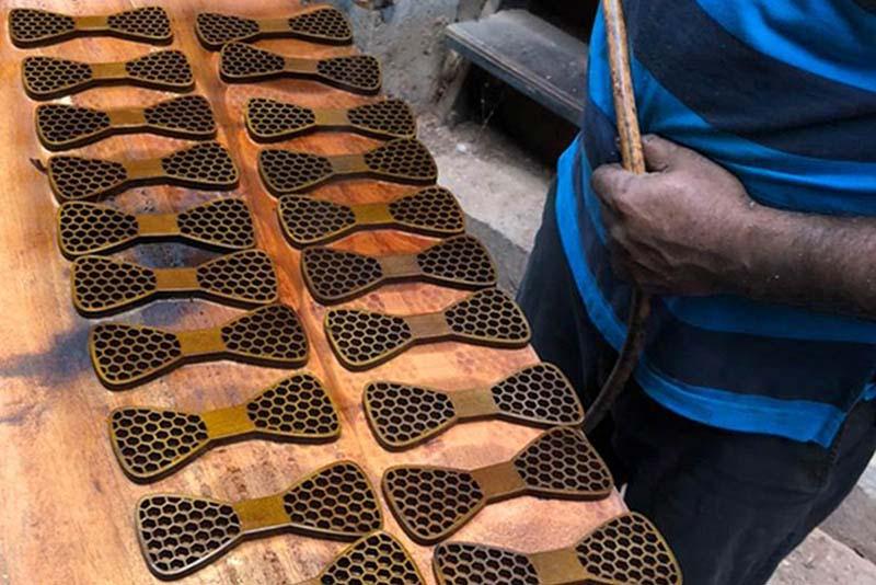 Artisan wooden bow ties in the making at the Amberry workshop.