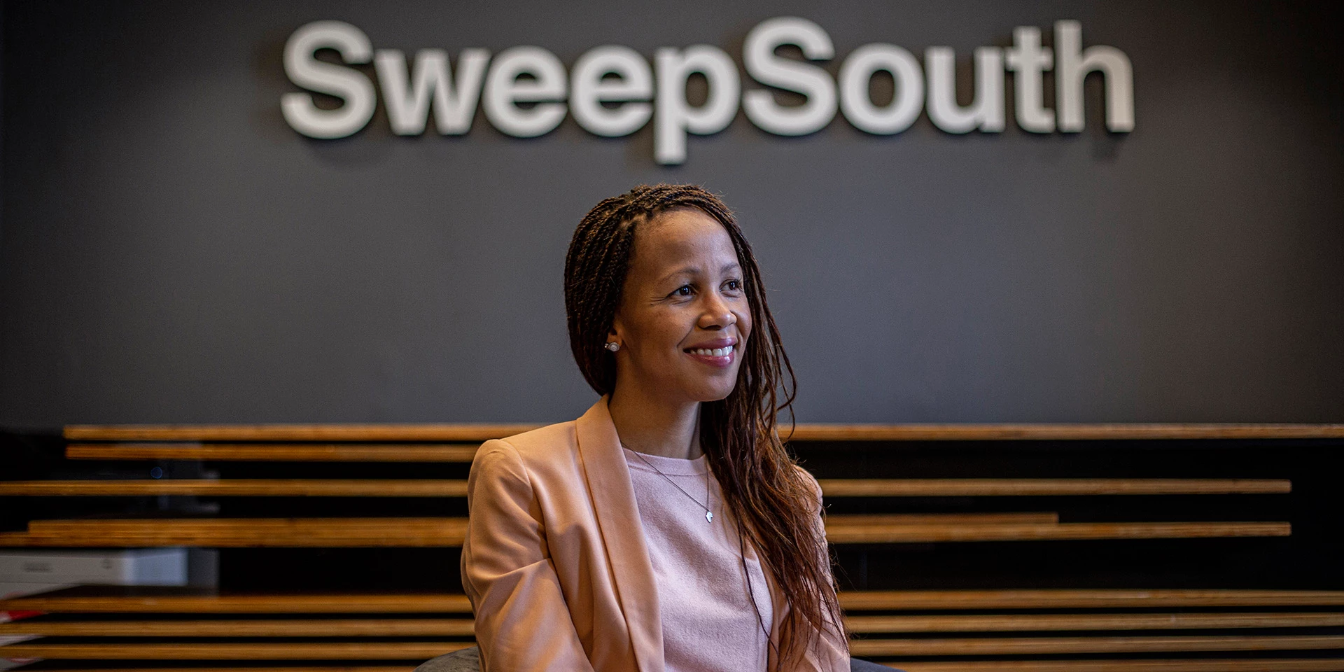 CAPE TOWN, SOUTH AFRICA - OCTOBER 29: Aisha Pandor, CEO and Co-founder SweepSouth, at the SweepSouth offices in Cape Town, South Africa, on the morning of October 29, 2020. SweepSouth is a tech company that matches domestic workers with homeowners through an app.Photo © Charlie Shoemaker/International Finance Corporation